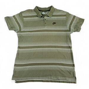Nike Polo Shirt Adult LARGE Brown White Striped Spell Out Swoosh Ourtdoor Y2K